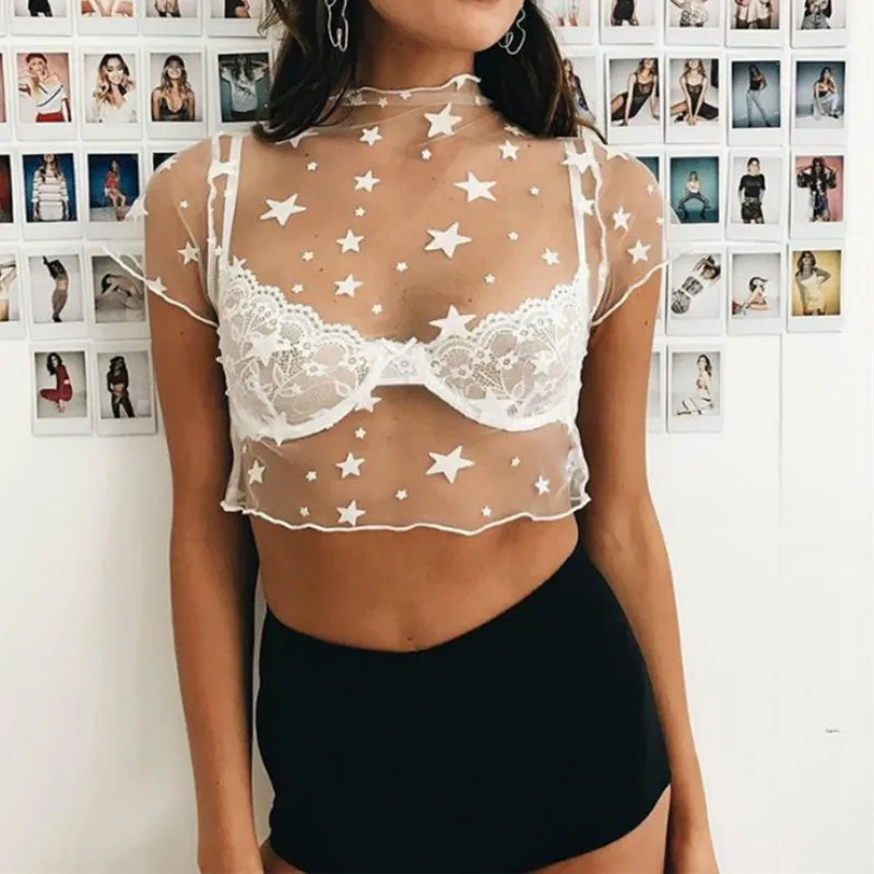 Мода 2018 г. женская сексуальная сетка звезды печатных Bodycon Короткий рукав