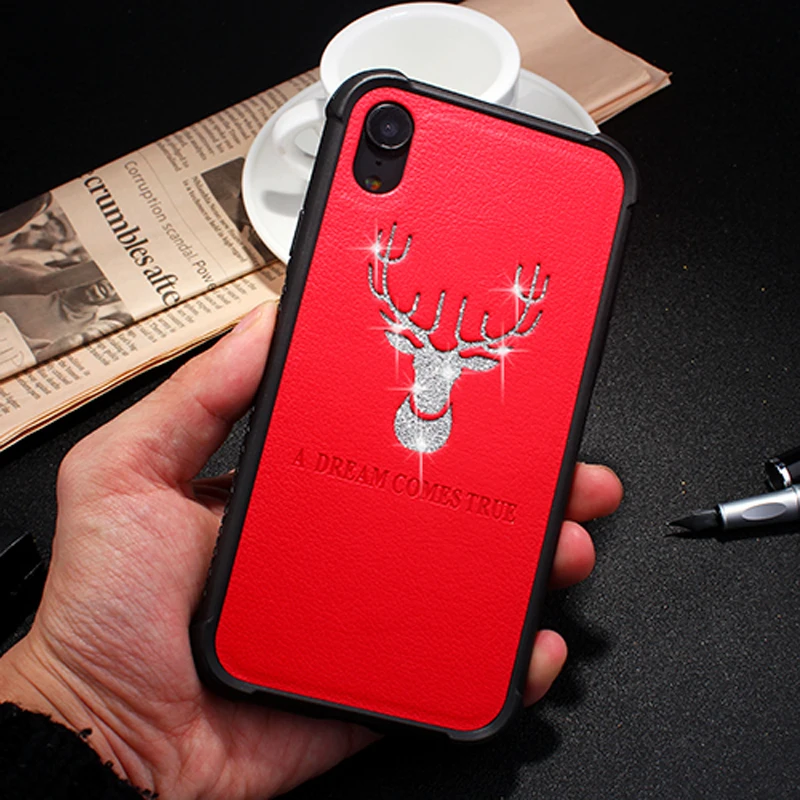 Luxury Glitter Deer Black Red shell for iPhone 6 6S 7 8 plus lucky TPU PC Leather X XS Max Four-corner Anti-fall Case XR |