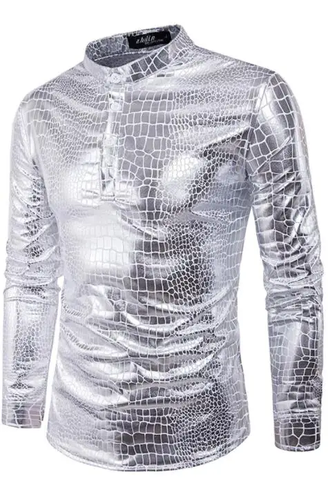 

Silver Hot stamping Glossy Long sleeve Stand collar fashion slim sexy shirt men shirt camisa masculina teenage shirts mens shirt