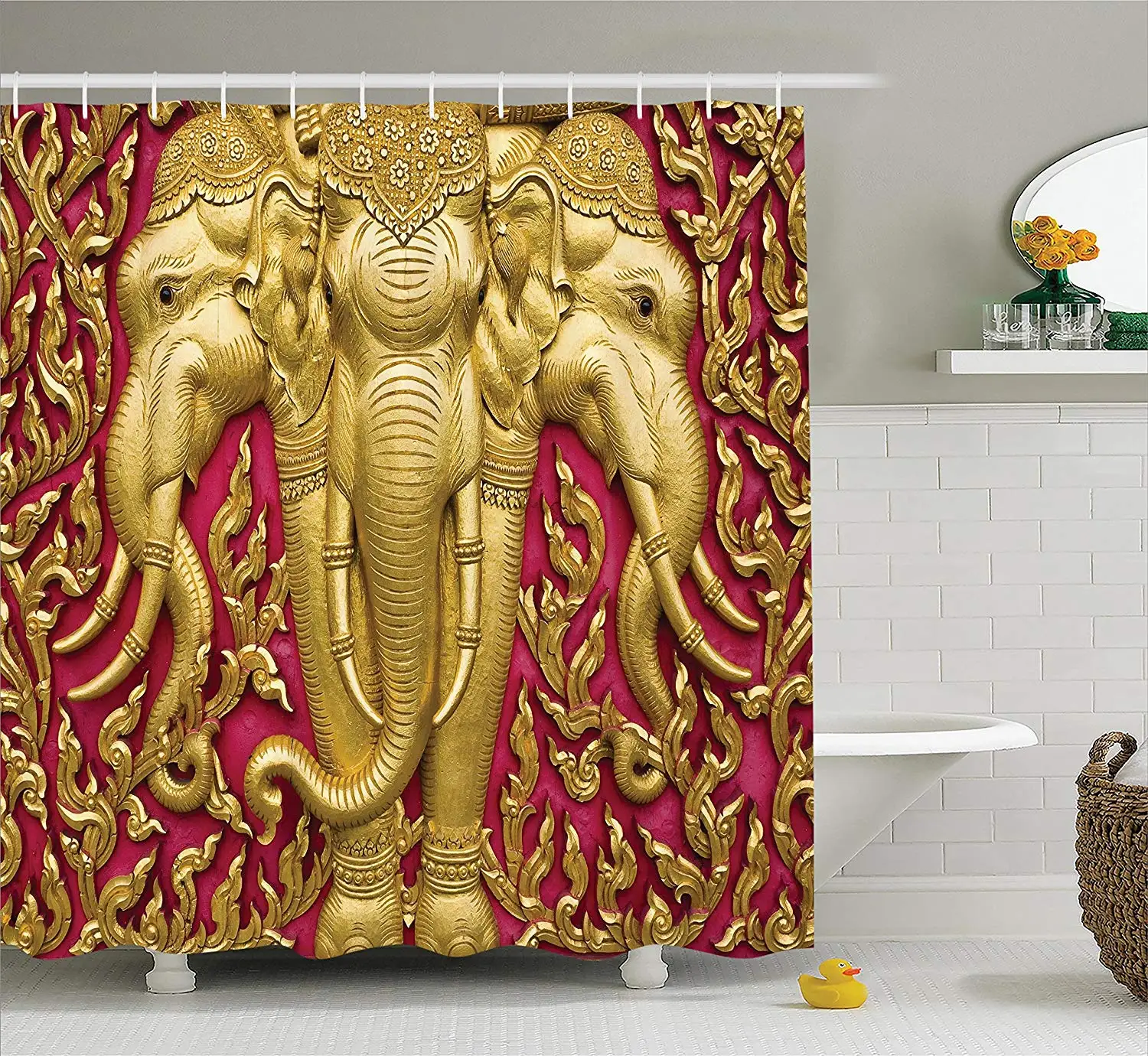Shower Curtain Yellow Toned Elephant Motif on Door Thai Temple Spirituality Statue Classic Fabric Bathroom Decor Set with Hooks | Дом и сад