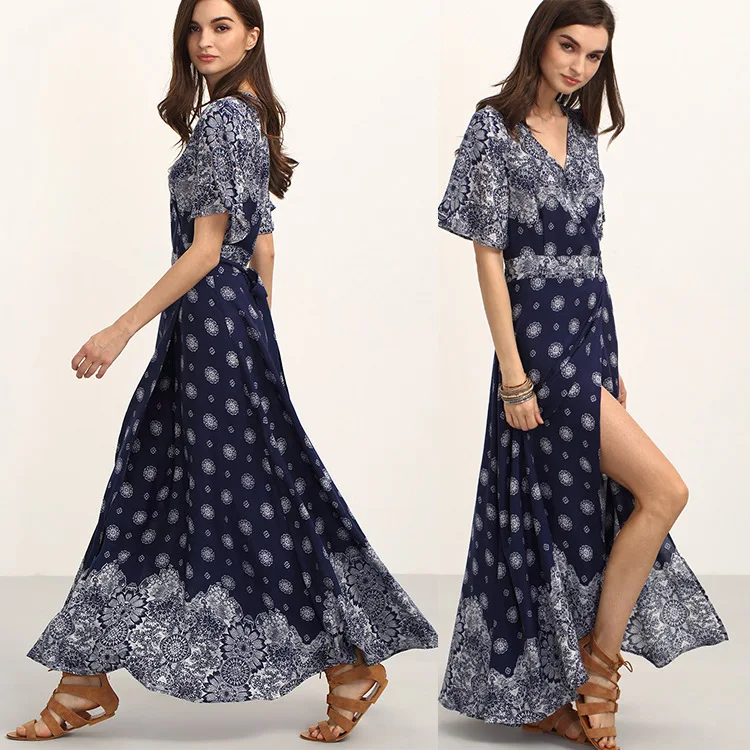 Богемное летнее пляжное платье Для женщин Винтаж Цветочный принт с v-образным