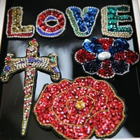 1pc 3d handmade peony flower rhinestone beaded patches for clothing love letters sword sequins applique embroidery patch floral
