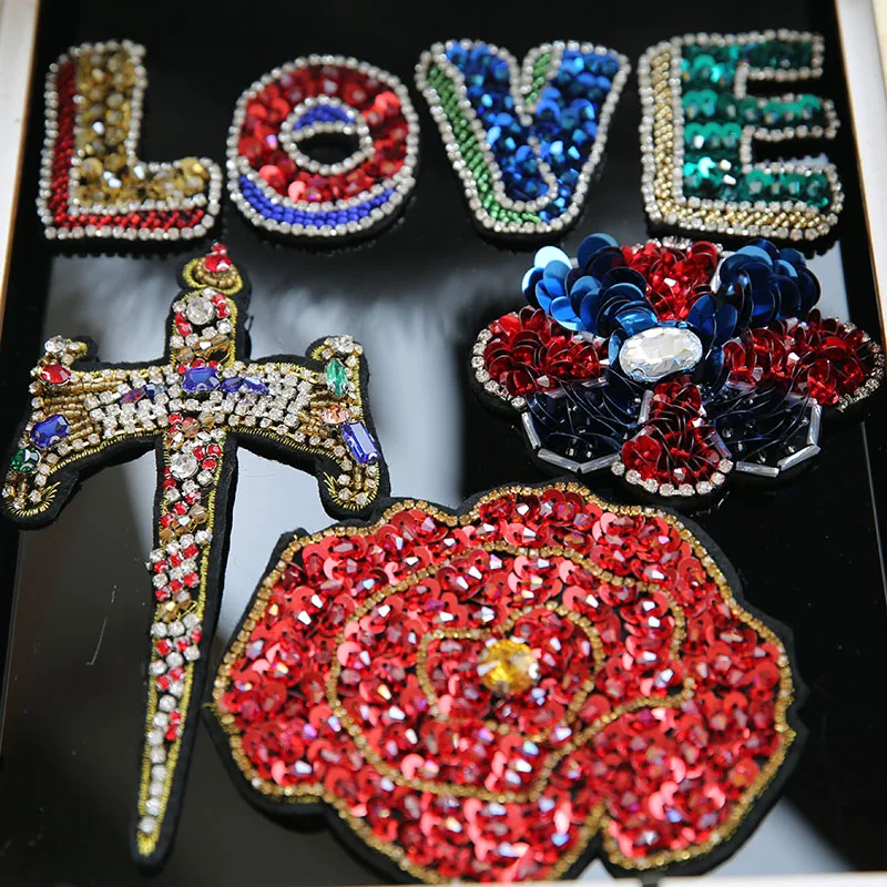 1pc 3D Handmade peony flower rhinestone beaded Patches for clothing Love letters sword sequins applique Embroidery patch floral | Дом и сад