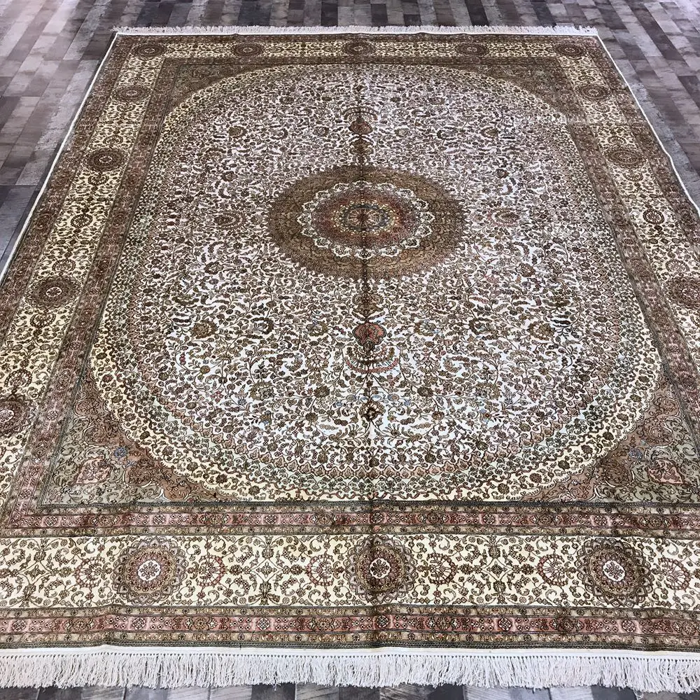 Kopen YILONG 9'x12 'traditionele Handgemaakte Perzische Zijden Kleed Klassieke Medaillon Wit En Geel Bloemen Tapijt (WY318A9x12)