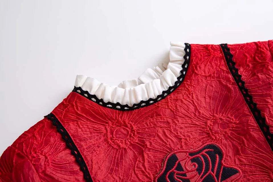 Pettigirl 2019 Retro Style Red Girl Floral Long Sleeve Pleated Collar Exquisite Rose Printed With Headband G-DMGD107-B389 | Детская