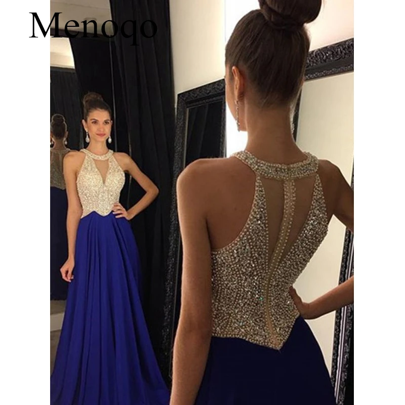 Vestidos de Fiesta, длинное вечернее платье, королевское синее шифоновое ТРАПЕЦИЕВИДНОЕ официальное длинное платье с лямкой на шее, Abendkleider, на заказ, 102417W