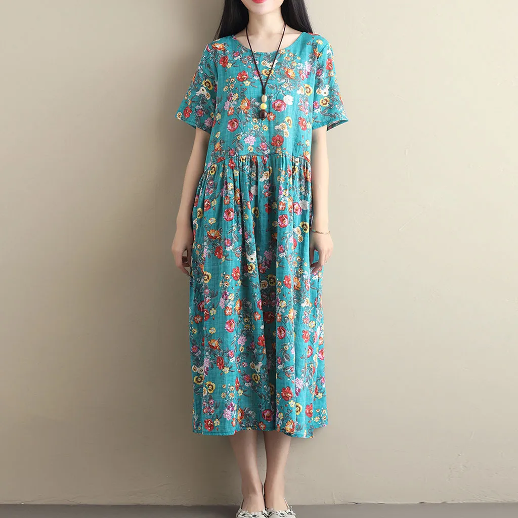 Женское платье с принтом летнее повседневное хлопковое и льняное о вырезом