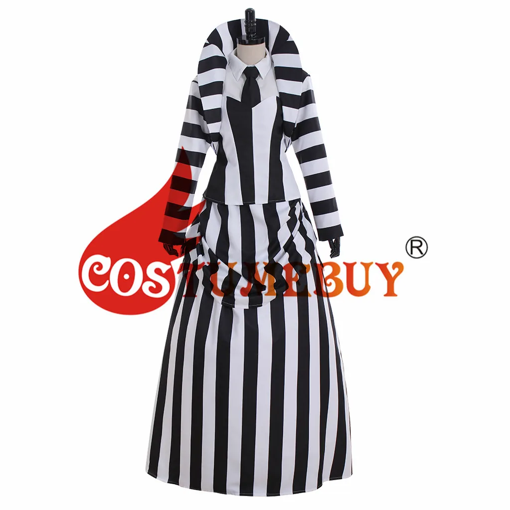 CostumeBuy фильм Beetlejuice косплей костюм Взрослый мужской Beetlejuice униот костюм женский средневековый черный белый в полоску платье L920