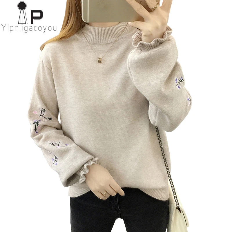 Водолазка с вышивкой пуловер вязаный свитер Женский Теплый трикотажный большого