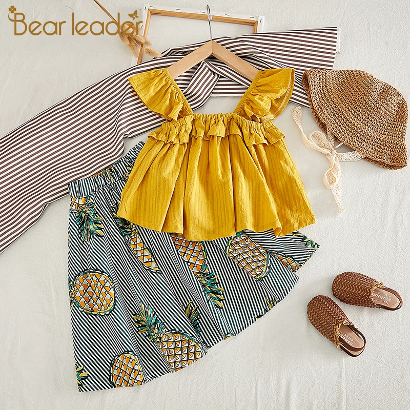 Bear Leader Girls Dress 2021 New Kids Clothing Summer Lace Short-sleeved Top + Lotus Leaf 2pcs suit Children's Clothes Set | Детская