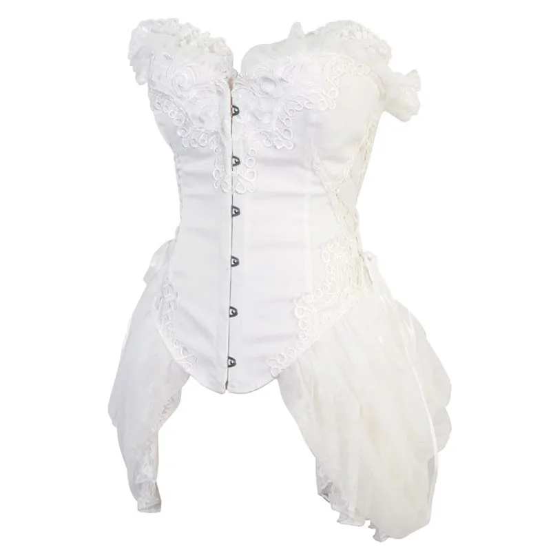 Белый Длинный Торс корсет Overbust цветочный из сатина с юбкой тюля кружевной