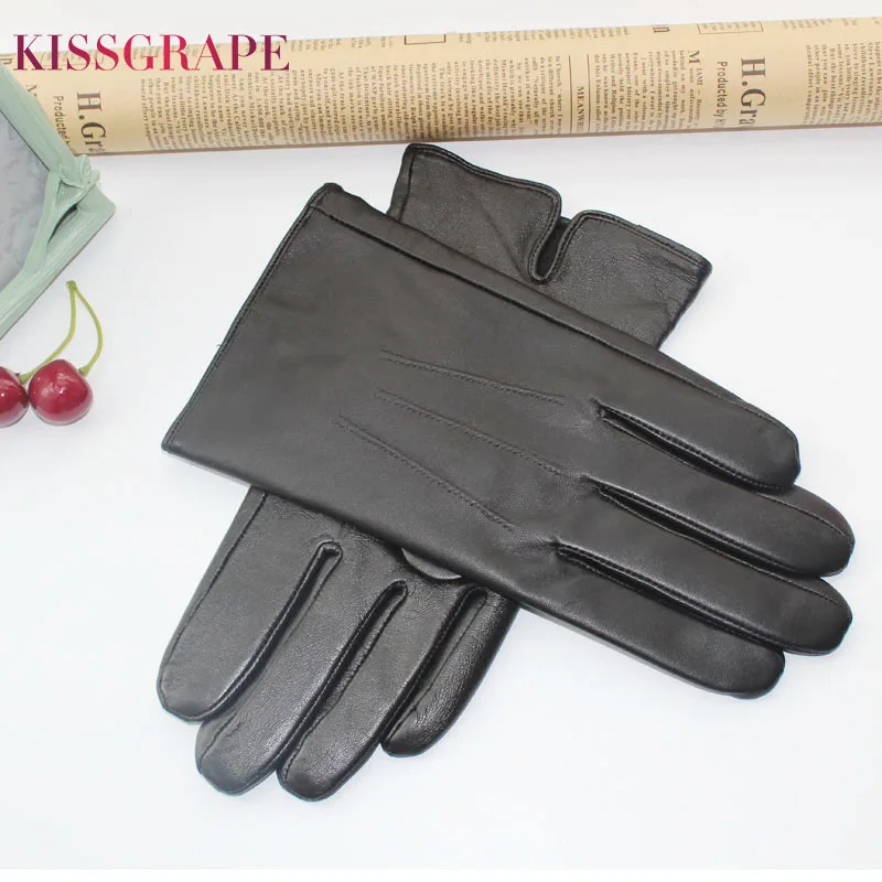 Мужские перчатки из натуральной овечьей кожи черные теплые в классическом стиле