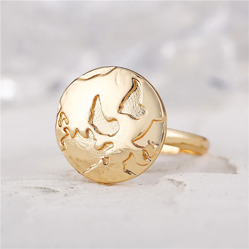 Boho золотое с гравировкой карта мира Земли регулируемое кольцо Bague винтажное для