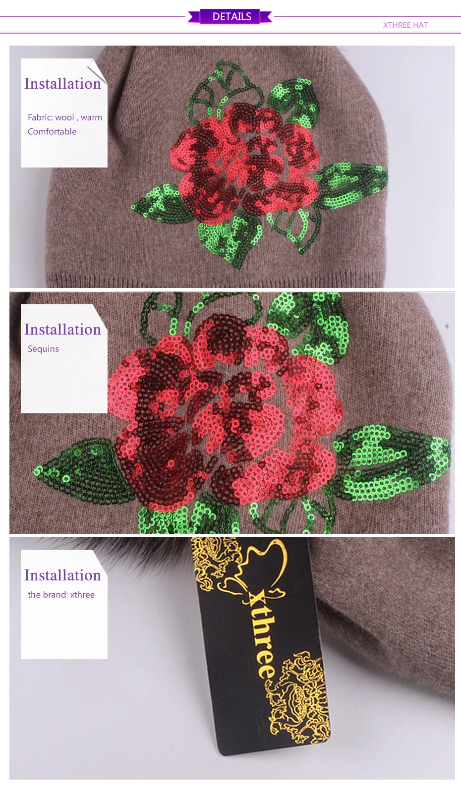 Xthree, Женская кашемировая зимняя шапка, вязаная, Skullies Beanies, шапка для женщин, шерстяная, вышивка, цветок, шапка для девочек, gorros