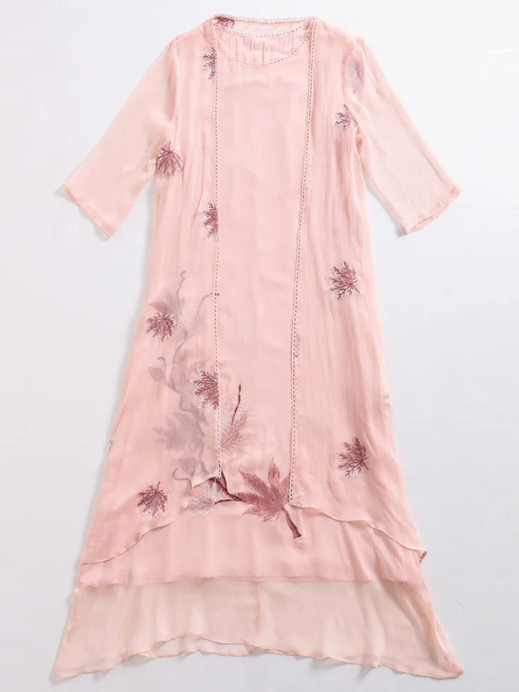 

2019 New Summer Two-Pieces Women Long Dress Fake Silk Fashion Elegant Dresses Plus Size Embroidery Female Vest Dress LJ2253