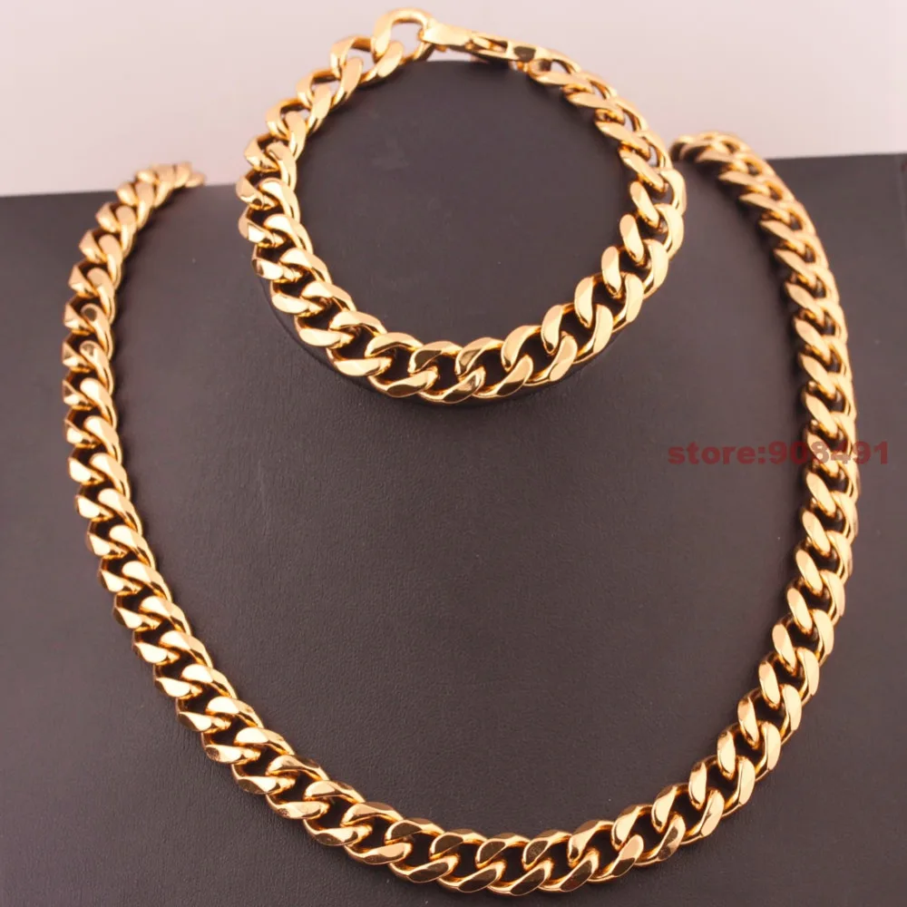 

13mm/15mm 1set Fashion Mens Jewelry Gold Tone Stainless Steel High Quality Bling Curb Necklace Bracelet