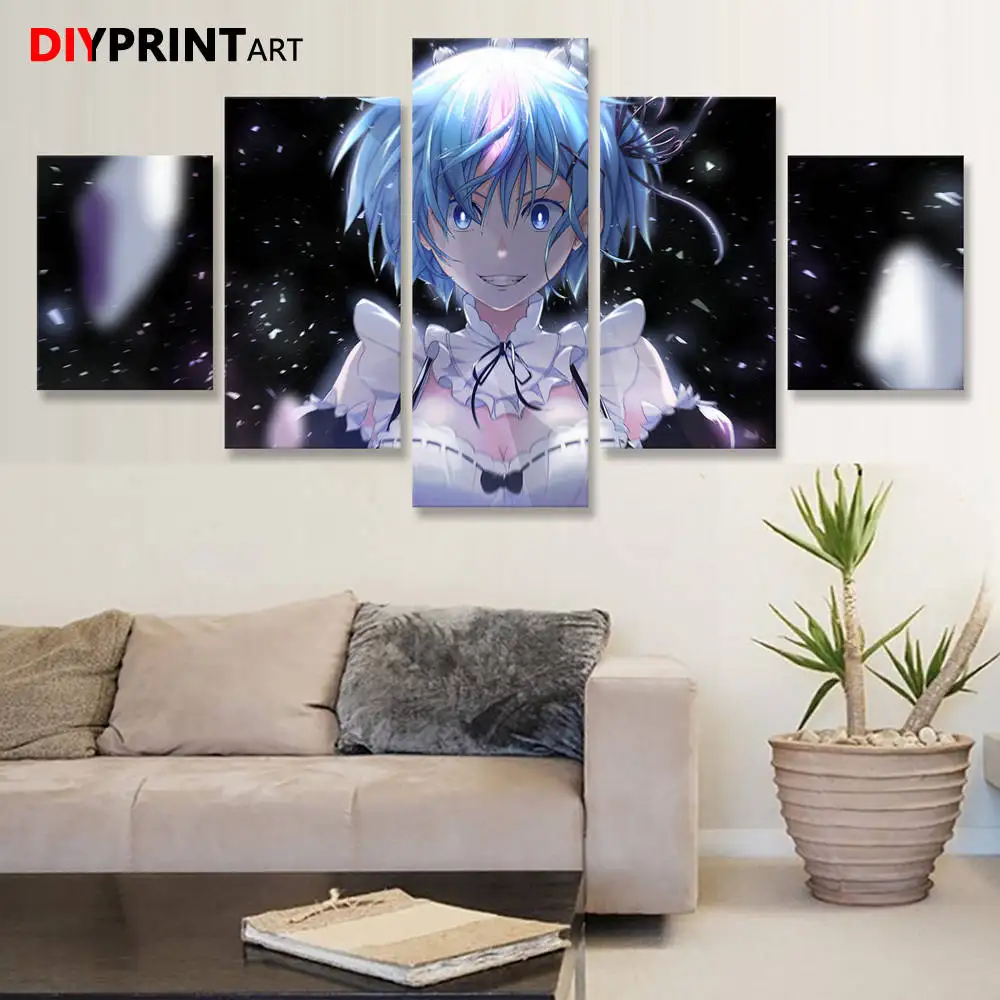 Картина на холсте с улыбающимися голубыми волосами Re Zero Rem 5 шт. для гостиной A2147 |