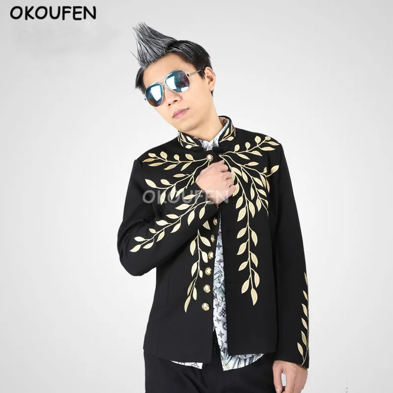 

Men's Cardigan Coat Nightclub male Singer model hairdresser court dress Costumes gold silk embroidery leaves print small suit