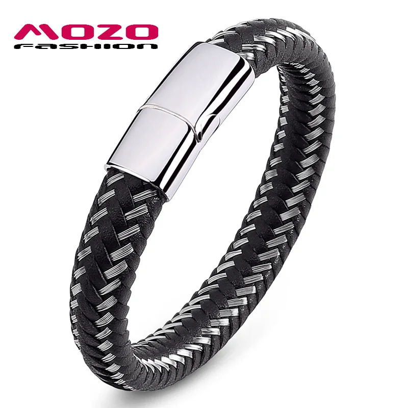 SY008-H Mozo Fashion подвеска плетеный кожаный браслет мужские браслеты ручной работы Мода Нержавеющая сталь застежка мужской браслет на запястье - Окраска металла: SY008-H