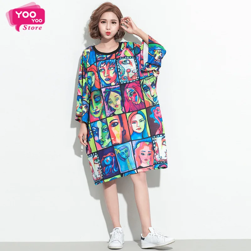 Плюс Размеры платье свободное футболка Oversize с принтом женские Длинная для