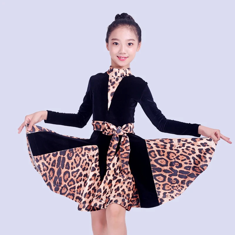 

Girls Latin Dance Dress Long Sleeve Black Leopard Practice Clothes Latin Competition Dresses Kids Rumba/Tango Costume DQL1325