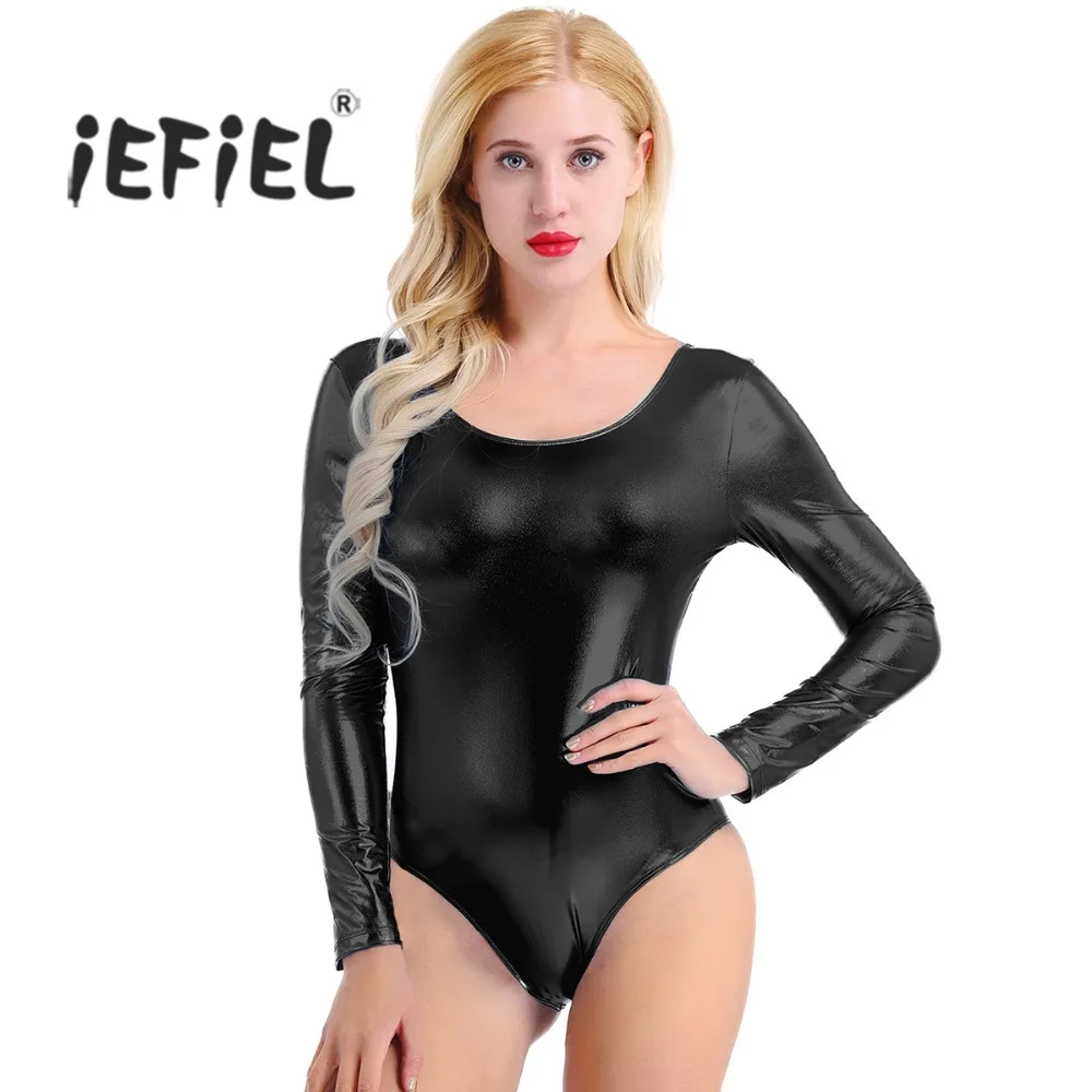 

iEFiEL Women Adult Shiny Patent Leather Long Sleeves One-piece Thong Monokini Bodycon Leotard Dancewear Gymnastic Ballet Dress