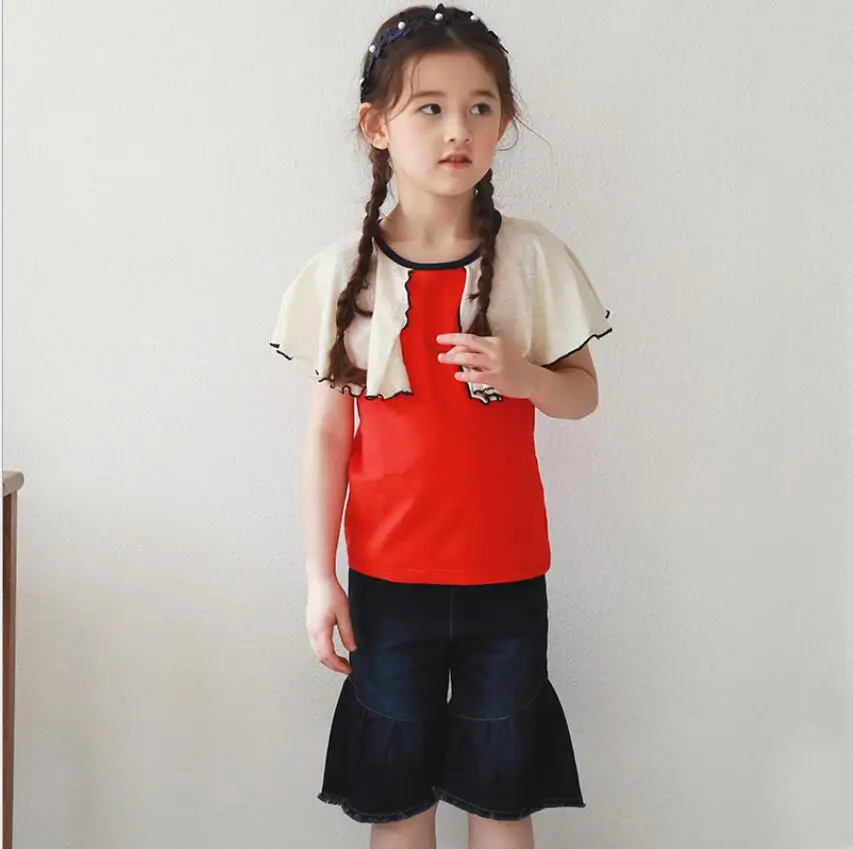 New Baby Girls Cotton Ruffles Collar Red T-shirt Princess Kids Fashion Top 5 pieces/lot Wholesale | Мать и ребенок