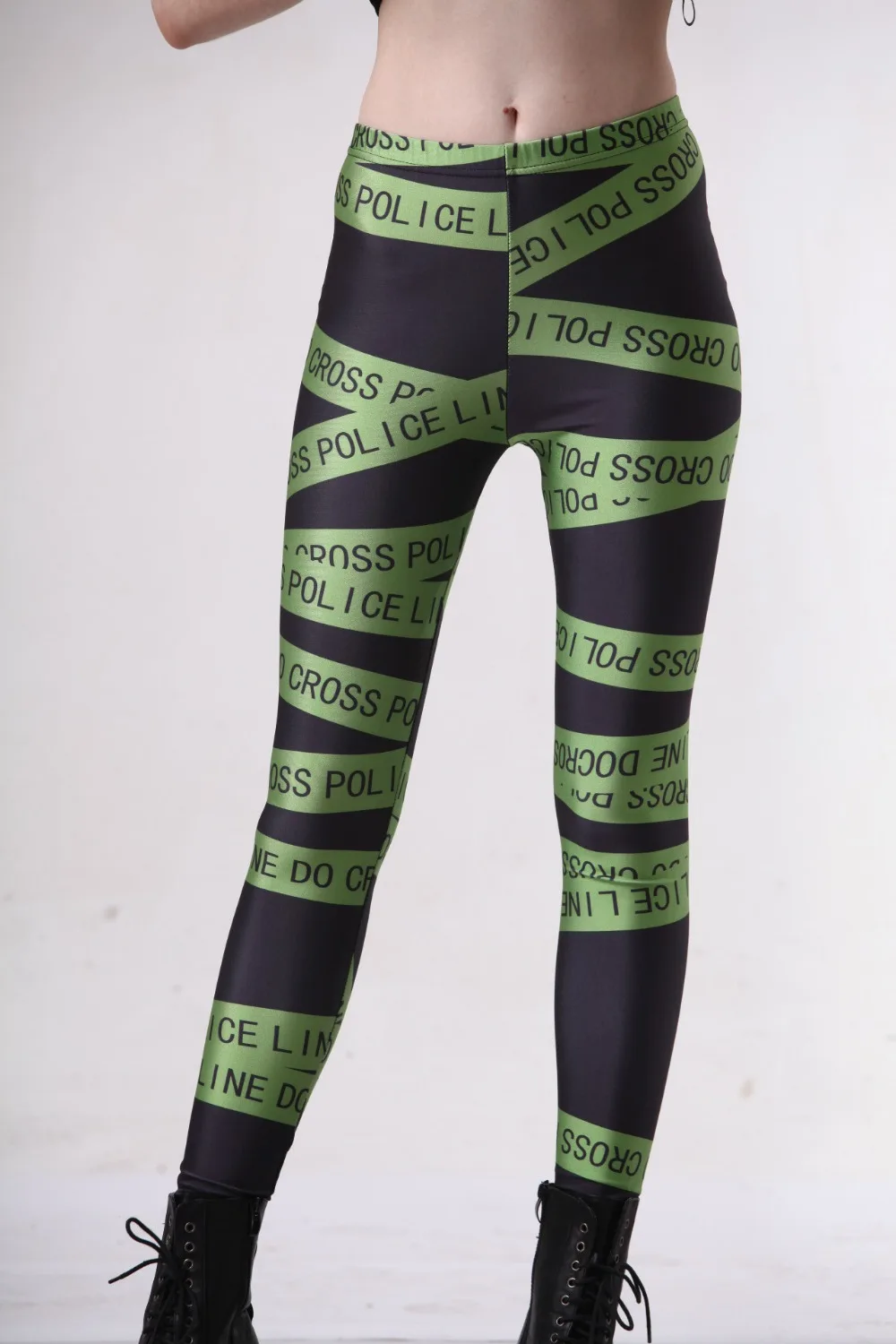 

Fashion Women Green Warning Tape Print Leggings Slim Fit Thin Elastic Polyester Party Pants Casual Trousers Drop Shipping