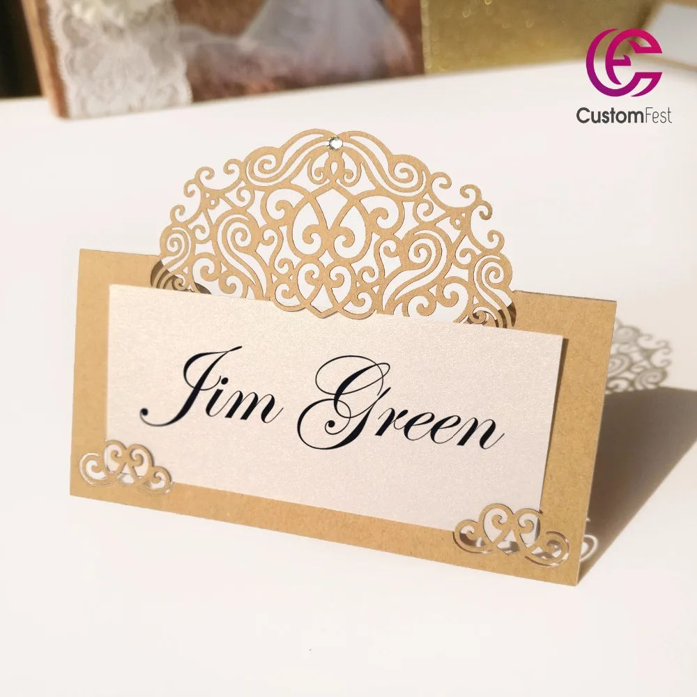 

Whole web unique CustomFest self design 40pcs/lot rhinestone decorated Personalized Place card name card for party and wedding