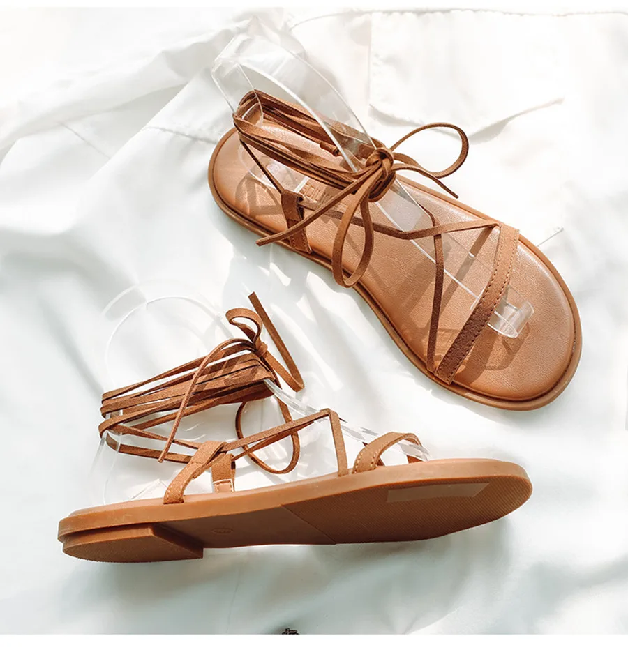 

Women Beach Sandals Gladiator Casual Lace Up Flat Sandals Fashion Women Cross Tie Ankle Strap Flats Heel Summer Sandals Femme