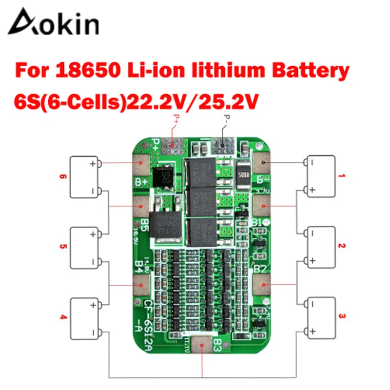 Aokin 1 шт. 6S 15A 24V PCB BMS Защитная плата для 6 упаковок 18650 литий ионная литиевая батарея