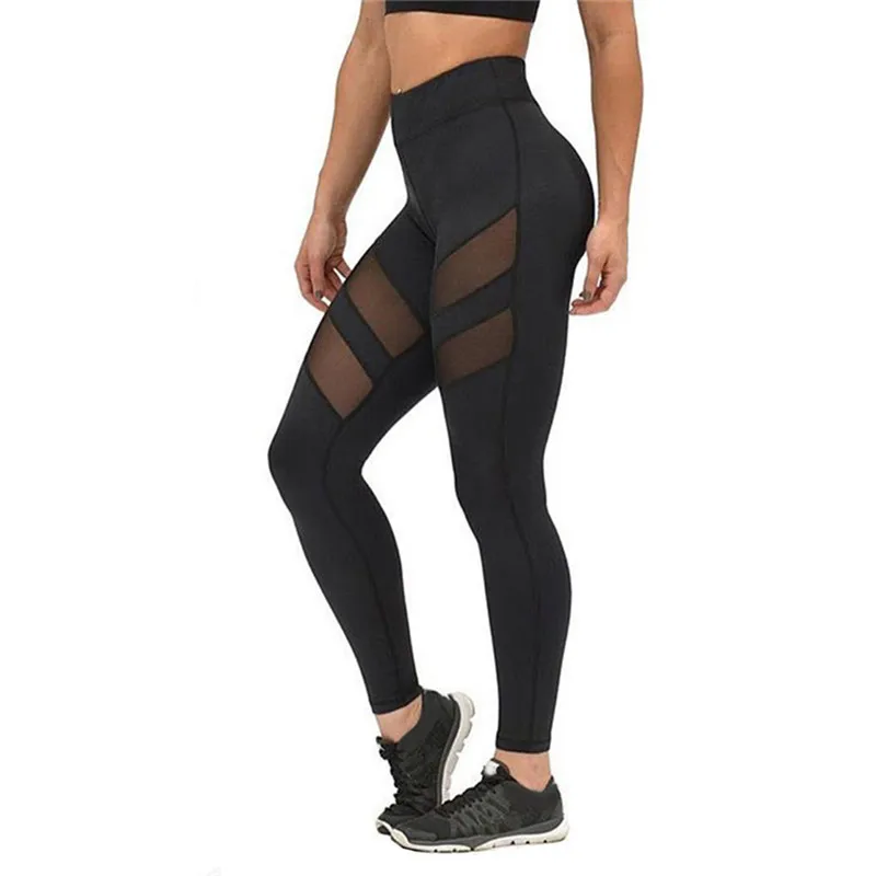 Женские сетчатые леггинсы прозрачные черные с широким поясом и сетчатыми