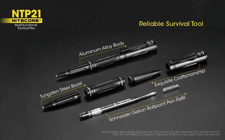 NITECORE NTP21 тактическая ручка из алюминиевого сплава, оконный стеклянный выключатель, Вольфрамовая сталь с зажимом, многофункциональная черная ручка для самозащиты
