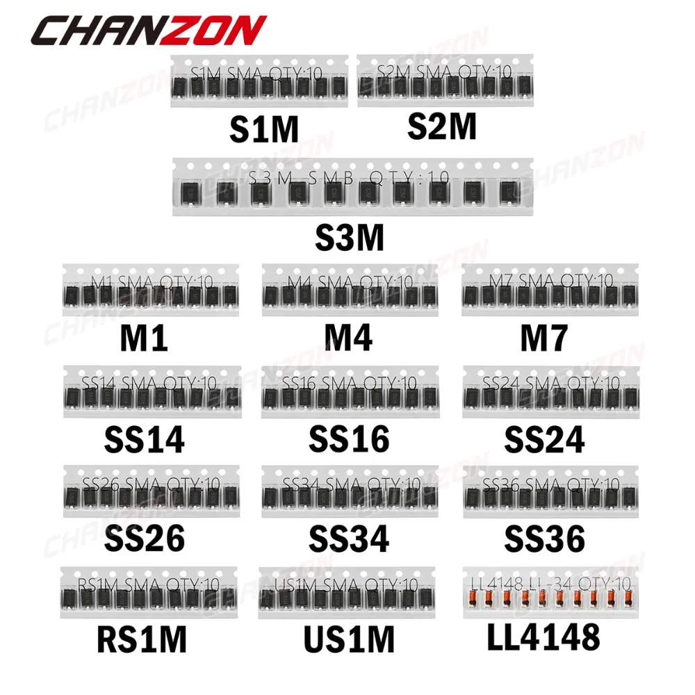 

SMD Fast Switching Schottky Diode Assorted Kit Set M1 M4 M7 S1M S2M S3M SS14 SS16 SS24 SS26 SS34 SS36 RS1M US1M LL4148