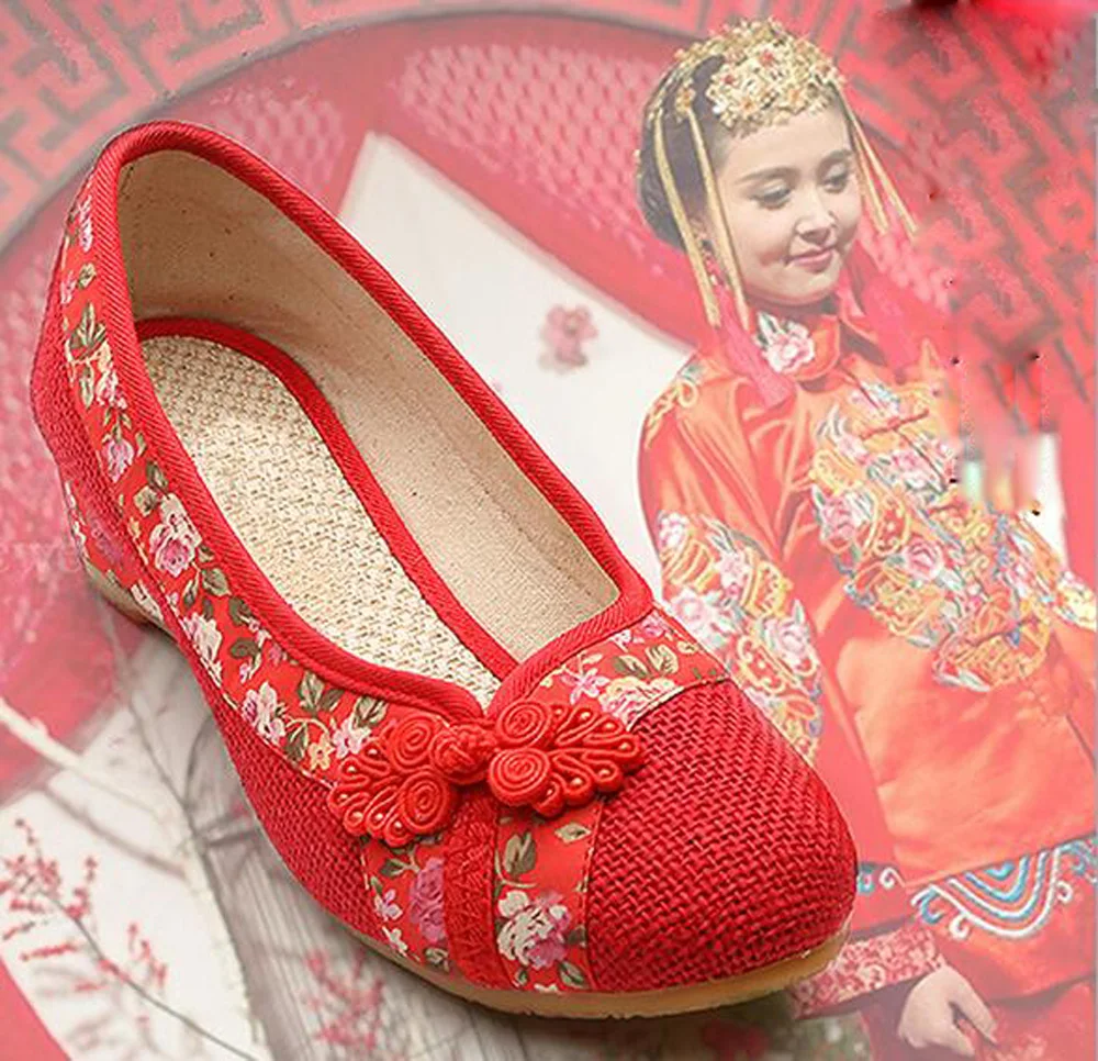 2021 New Women Red Flats Old Beijing Linen Single Shoes Chinese Wedding Bride Embroidery Shoes For Cheongsam Sapato Feminino