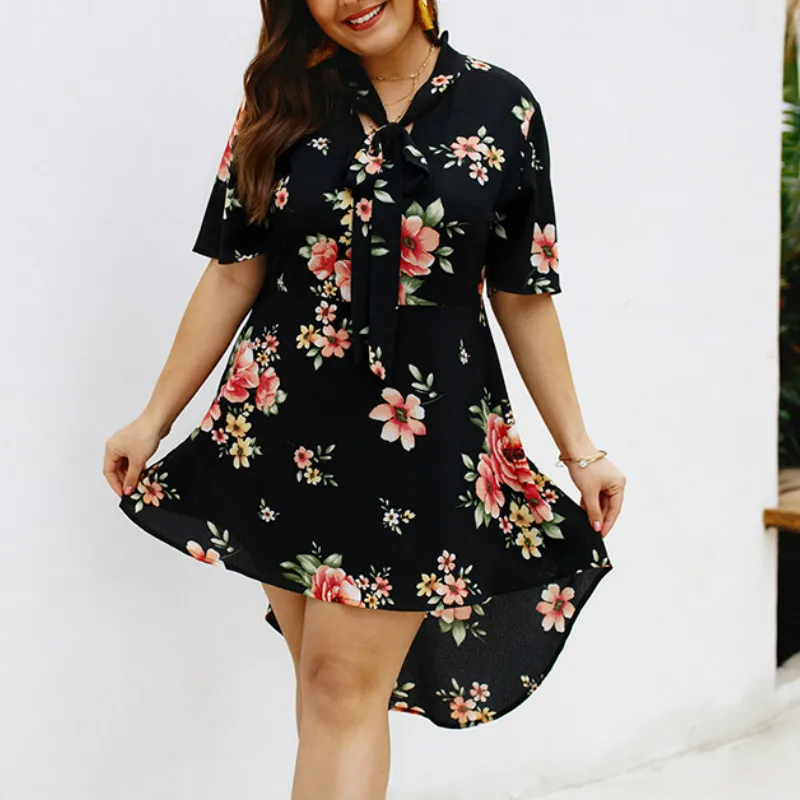 Платье большого размера с принтом женское платье коротким рукавом ассиметричное