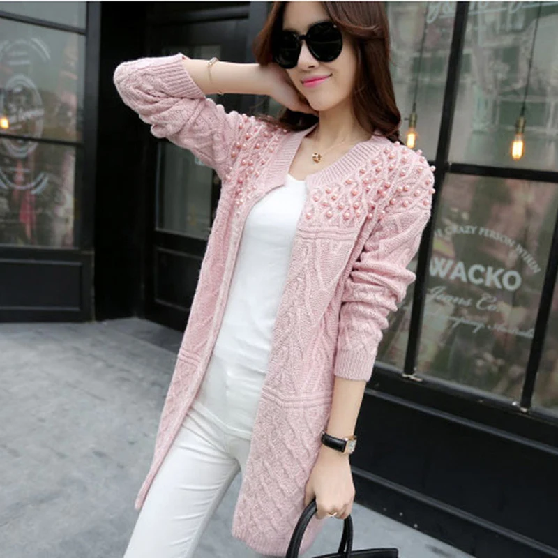 Женский длинный кардиган с жемчугом OLGITUM вязаный свитер длинным рукавом