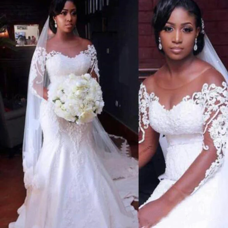 

Long Sleeve Lace Wedding Dress Mermaid Sheer Neck Applique Plus Size Wedding Dresses Bridal Dresses Africa