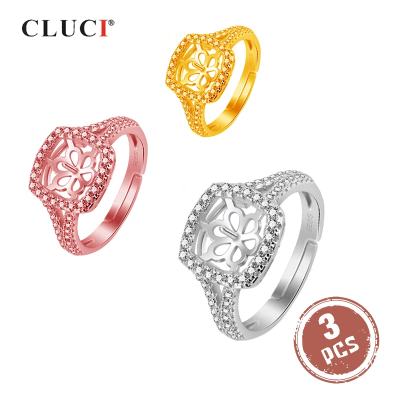 CLUCI 3 шт. Серебро 925 женские кольца циркон квадратное жемчужное кольцо Крепление стерлингового серебра 925 Регулируемые классические обручальные кольца