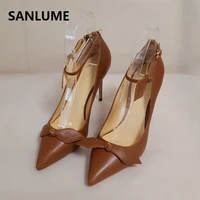 sanlume top quality women 100 genuine leather high heels ankle strap thin heels sexy shoes inside sheepskin leather pumps