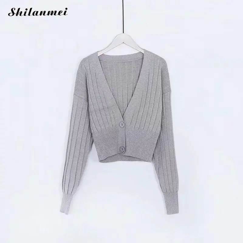

Women Winter Autumn Cardigan Knittied 2019 New Fashion Deep V Loose Solid Colors Knittwear High Street Cropped Sweater Tops