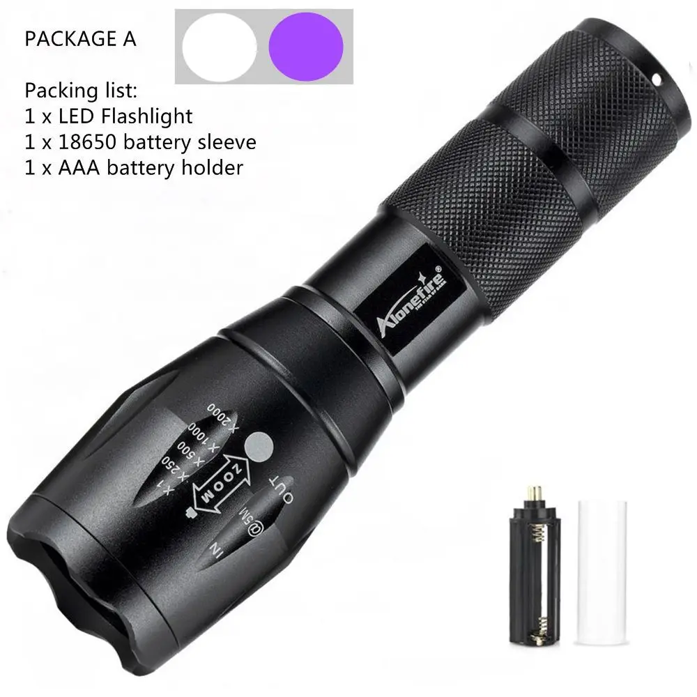 PACKAGE A Alonefire E17 T6+ 395nm УФ-светильник-вспышка, ультрафиолетовый светильник с функцией масштабирования, мини-УФ-черный светильник, детектор пятен в моче для домашних животных, скорпион - Испускаемый цвет: PACKAGE A