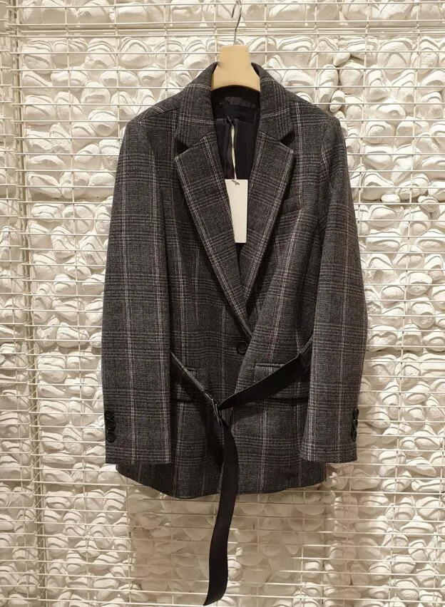 blazer Новинка, осенне-зимний шикарный клетчатый блейзер с поясом, винтажный женский костюм средней длины с длинным рукавом, офисное Женское пальто, верхняя одежда - Цвет: blazer