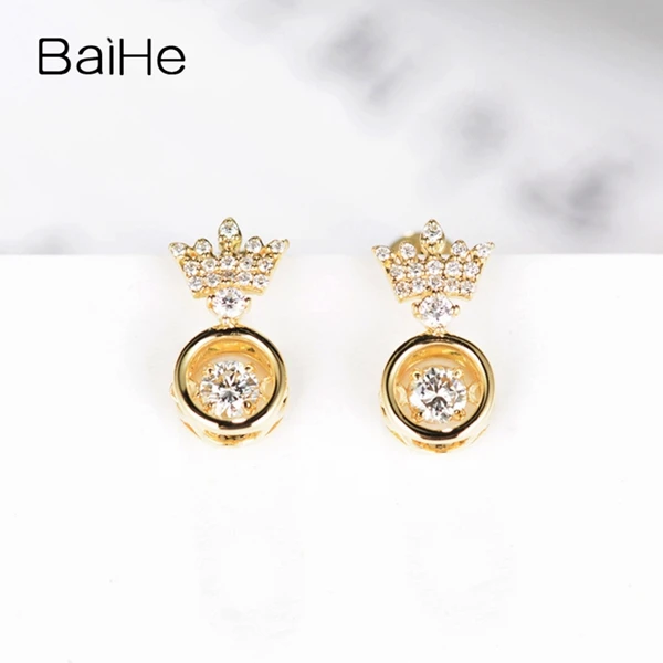 BAIHE Твердые 14 к желтое золото всего 0.30CT H/SI круглые натуральные бриллианты танцы Алмаз серьги Свадебные красивые короны серьги