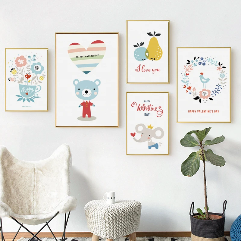 Счастливая Милая любовь милый мультяшный Лев слон медведь холст живопись печать