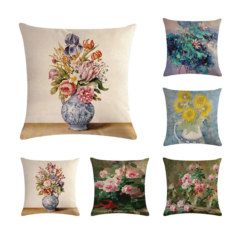

45*45cm Oil Painting flowers Cushion Cover Linen Throw Pillow Home Car Sofa Decorative Pillowcase Beautiful is no OvernightZY18