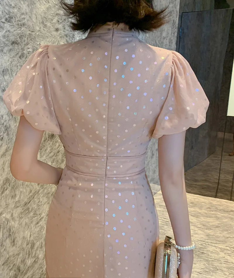Летние винтажные платья Cheongsam, офисный Женский Бандаж, Сплит, Сексуальные вечерние платья, стоячий воротник, короткие пышные рукава, высококачественное женское платье