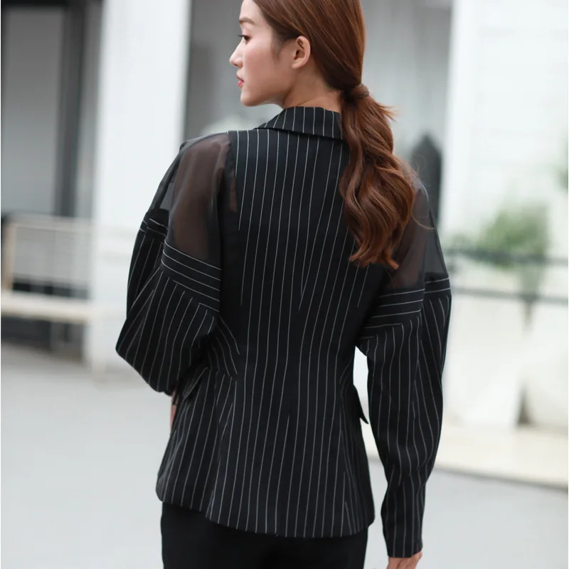 Женская сетчатая верхняя одежда в полоску с двойными пуговицами длинным рукавом