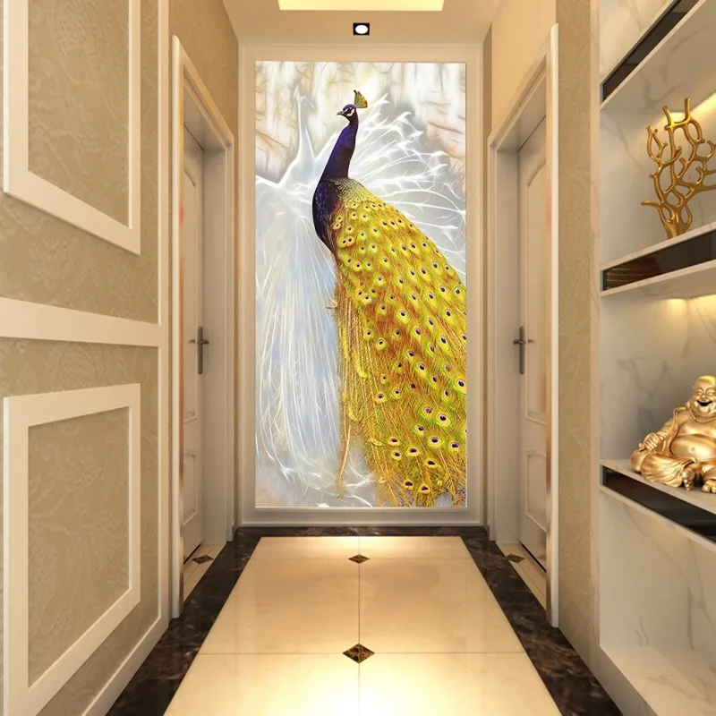 Фотообои на заказ с изображением белого желтого павлина фрески для гостиной