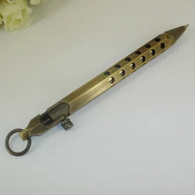 Bronze color ACMECN шестиугольная медная тактическая шариковая ручка с брелок для ключей Мини Пистолет Стиль отверстия Дизайн твердая латунь шариковая ручка для пасхальных подарков - Цвет: Bronze color
